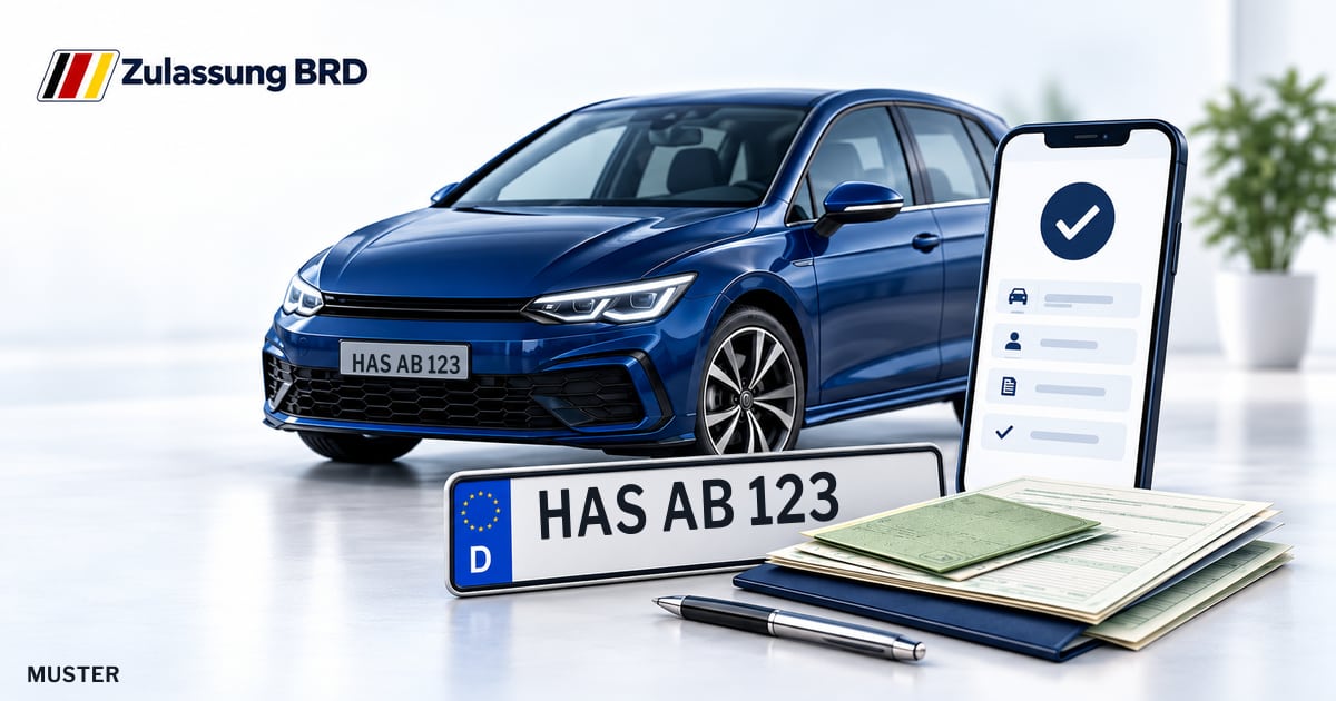 Online Fahrzeugzulassung in Landkreis Haßberge: Musterkennzeichen HAS AB 123, Auto und Fahrzeugpapiere und Smartphone. Illustration mit Logo von Zulassung BRD.